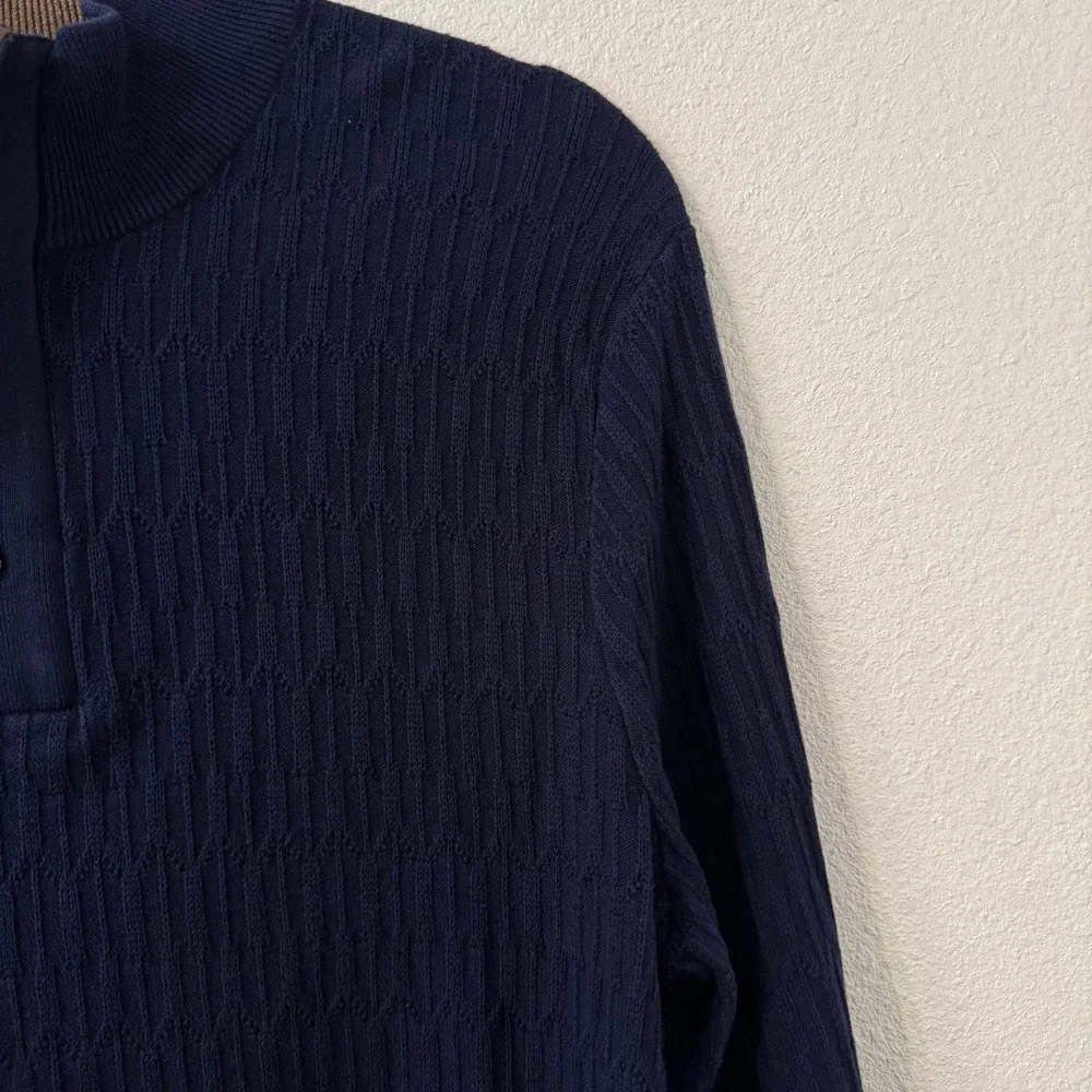 Tasso‎ Elba Mens Sweater Large Navy Blue Supima Cotton Cable Knit Mock Neck